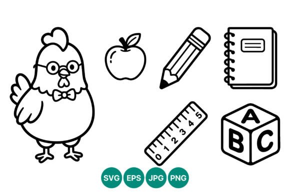 Chicken with School Supplies Line Art Graphics