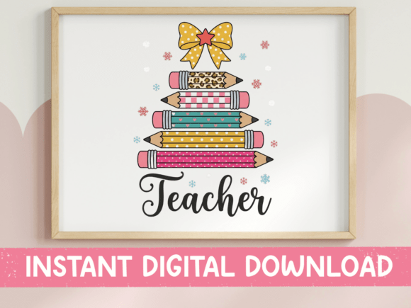Christmas Teacher Pencil Tree Pink Graphics