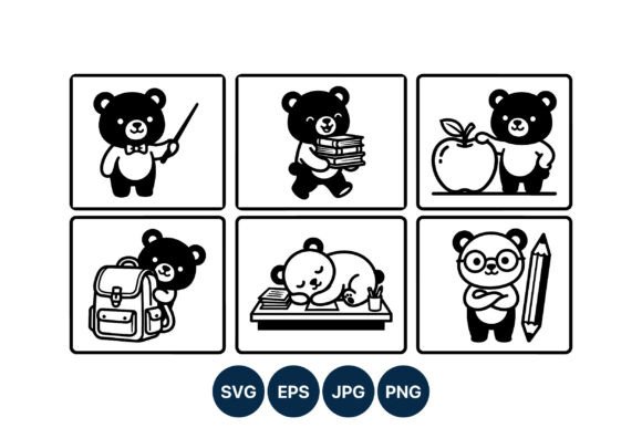 Cute Black Bear Cartoon School Supplies Graphics
