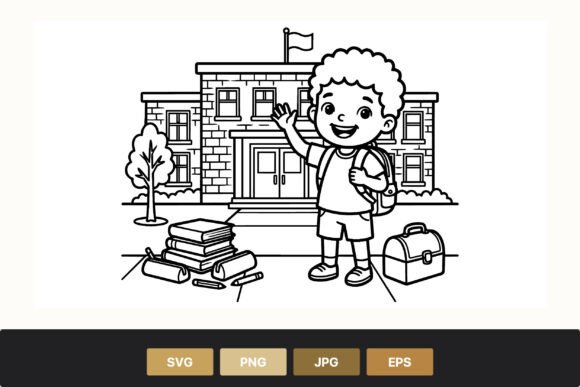 Happy Boy with Backpack Waving at School: Graphics & Illustrations