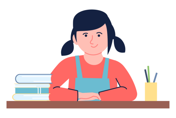 School Girl. Happy Student Sit at Study Graphics