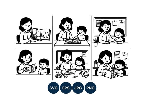 Teacher Reading Animal Book to Children Graphics