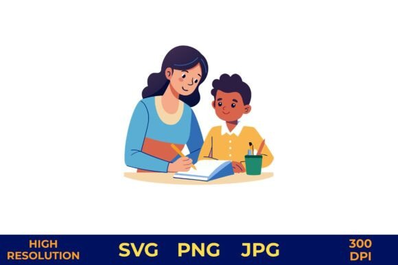 Woman Guiding Child Through School Graphics
